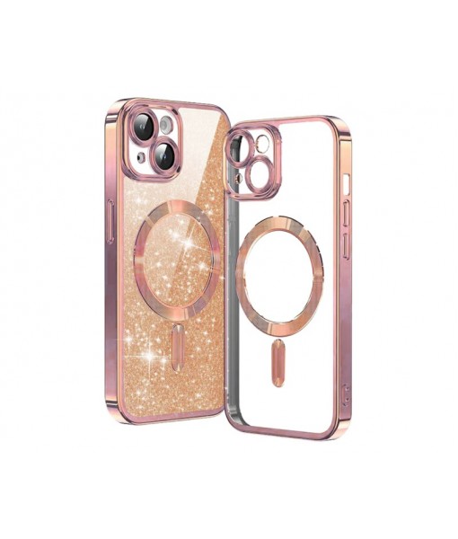 Husa iPhone 15, Crystal Glitter MagSafe cu Protectie La Camere, Rose Gold